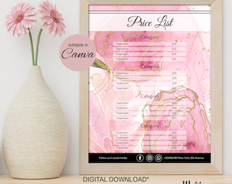 Price List for Beauty Salon Editable In Canva, Spa Salon, Floral Design, Pink With Gold, Esthetician Template