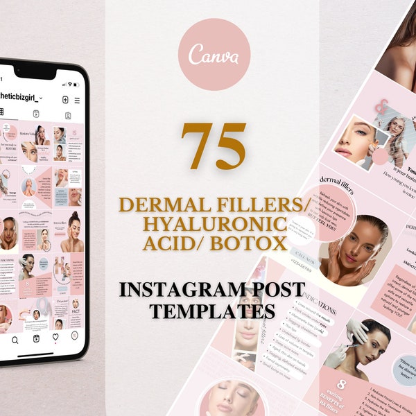 Dermal Fillers Instagram Post Templates, Hyaluronic Acid IG Feed, Botox IG Posts, Beauty Salon, Esthetician Templates, Editable in Canva