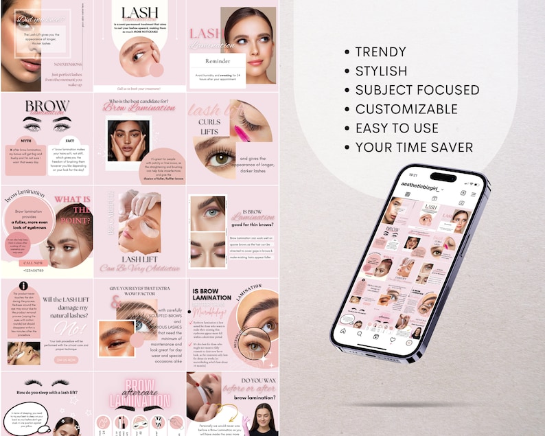 Lash and Brow Lamination Instagram Post Templates, Lash & Brow Lift IG Feed, Lash Specialist Social Media, Editable in Canva, Beauty Salon image 3