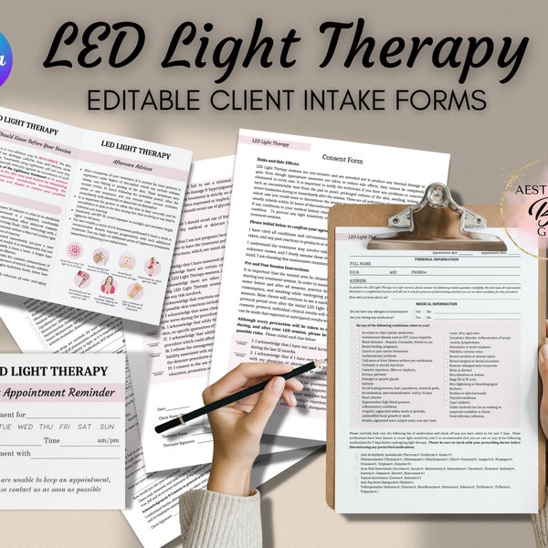 LED Light Therapy Client Intake Forms, Editable Facial Consultation Forms, Esthetician Templates, Red Blue Green Light, Beauty Salon Consent