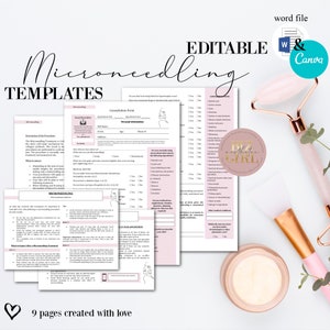 Edytowalne formularze przyjęcia klienta na mikronakłuwanie, formularz konsultacji z kosmetologiem, szablon biznesowy Beauty/Spa, zabieg na twarz, wałek Derma
