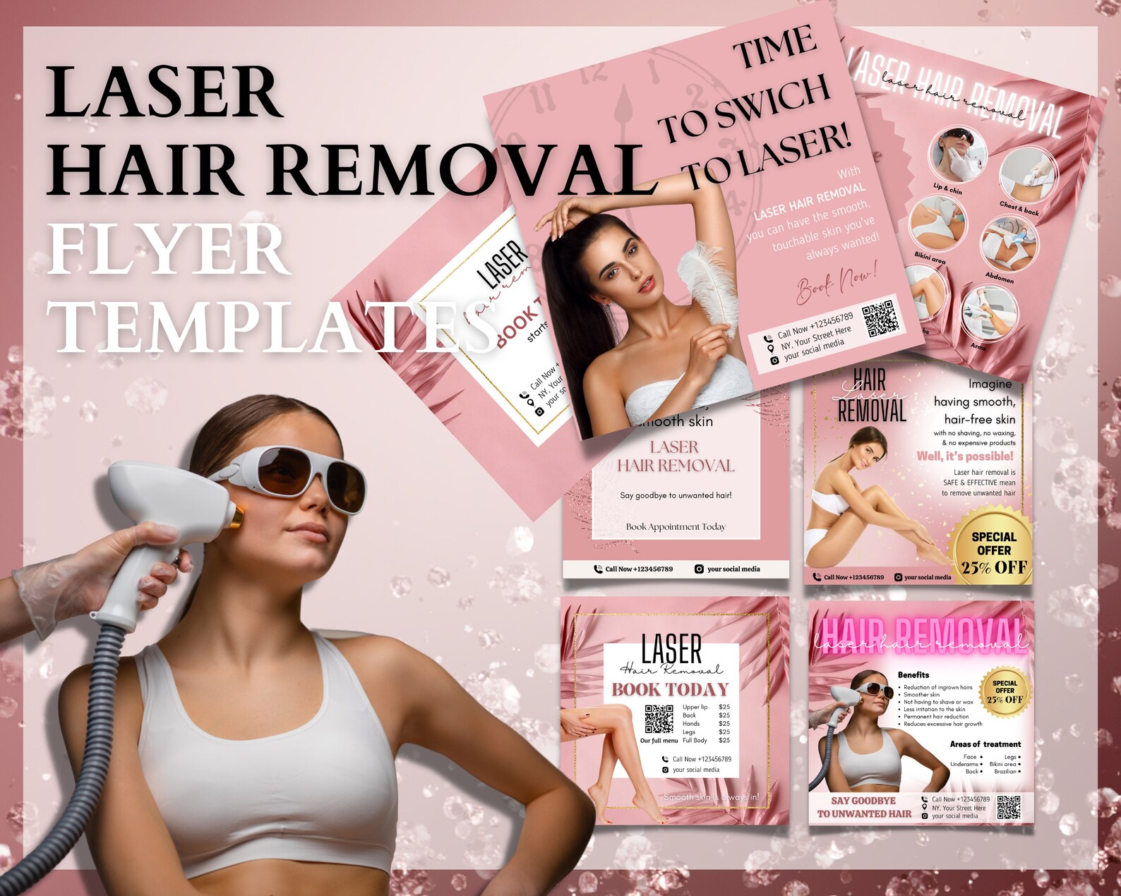 Laser Hair Removal Flyer Templates, Esthetician Templates, Beauty Salon