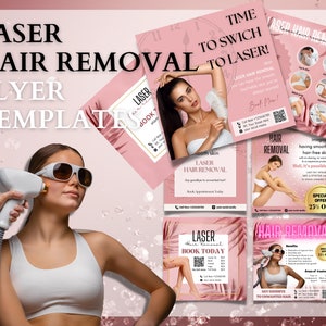 Laser Hair Removal Flyer Templates, Esthetician Templates, Beauty Salon Editable in Canva Templates, Pink with Gold Design, Waxing/Sugaring