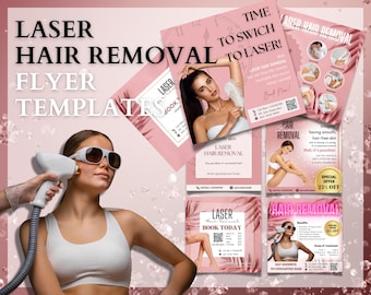 Laser Hair Removal Flyer Templates, Esthetician Templates, Beauty Salon Editable in Canva Templates, Pink with Gold Design, Waxing/Sugaring