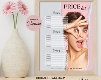 Esthetician Price List Template, Beauty Salon Price List Editable in Canva, Aesthetic Design, Pink with Grey, Spa Salon, Skin Care
