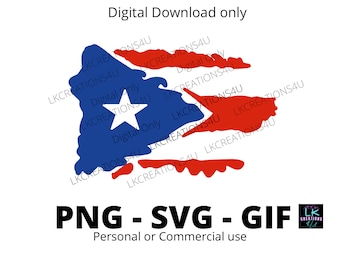 May include: Digital download of a Puerto Rican flag in the shape of the island. The flag is red, white, and blue with a white star in the blue triangle. The text "PNG - SVG - GIF" and "Personal or Commercial use" is below the flag.