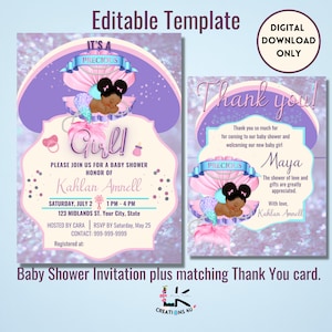 ENTIÈREMENT modifiable Sleeping Mermaid Baby - Modèle d'invitation de douche de bébé et carte de remerciement, Imprimable à partir de cartes d'invitation à domicile, Fichier numérique