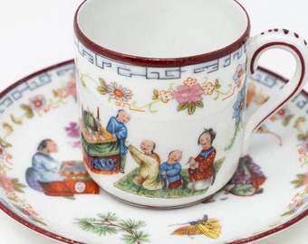 Imperial Crown China Austria demitasse cup and saucer, hand-painted, Chinese motifs by Bawo and Dotter, c. 1883-1914, RARE, antique china