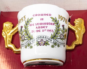 Paragon loving cup,  golden lion handles, Commemoration of The 25th Anniversary of HM Queen Elizabeth II Coronation, original box, England