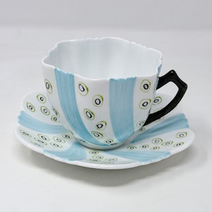 Rare tasse à thé et soucoupe Art-Deco Phoenix bleu et blanc, porcelaine vintage, fabriquée en Angleterre