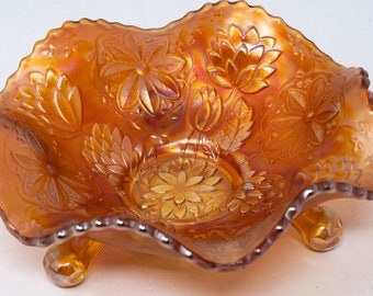 Fenton "Lotus and poinsettia" three-legged marigold carnival glass candy dish/bowl, vintage iridiscent glassware
