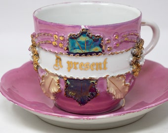 Antique German teacup and saucer, pink lusterware, "A present", Victorian souvenir cup, antique dinnerware