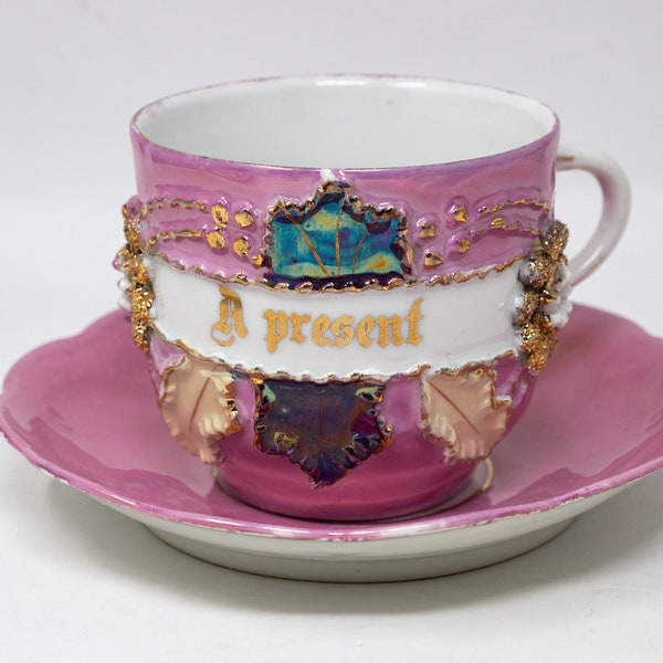 Antique German teacup and saucer, pink lusterware, "A present", Victorian souvenir cup, antique dinnerware