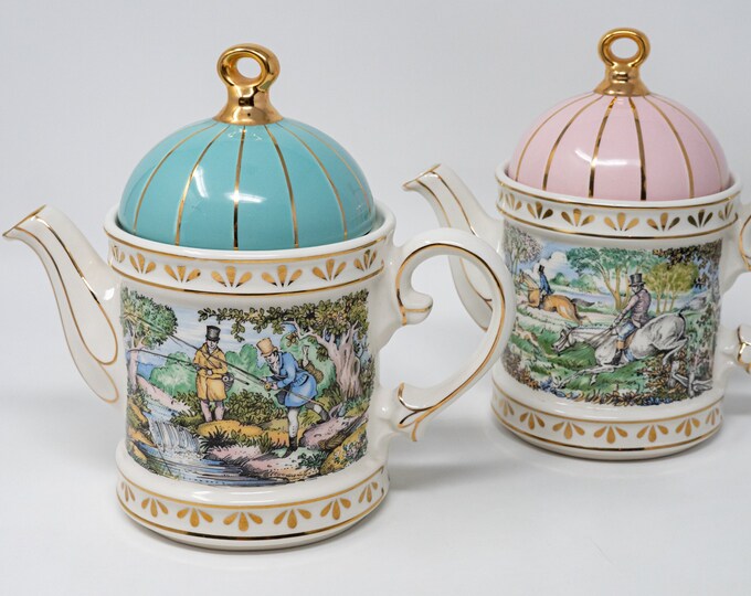 Selection of Sadler sporting Scenes of 18th Century Teapots, Victorian