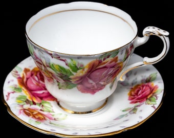 Paragon double warrant "Golden Emblem" teacup and saucer set, large pink roses,  fine bone china
