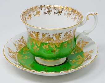 Selection of stylish Royal Albert &quot;Regal series&quot;  teacups and saucers, Montrose Shape, floral design with golden accents, vintage bone china