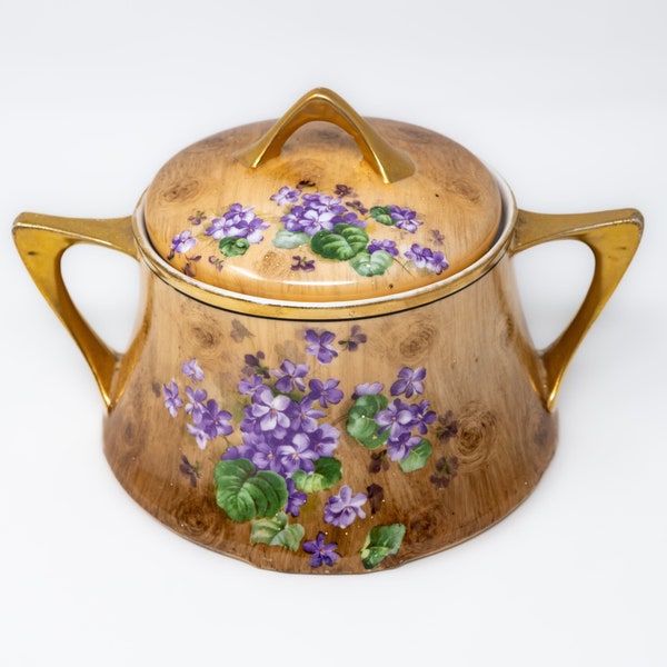 Royal Munich biscuit jar with lid, wooden decoration with flower arrangement, antique tableware made in Bavaria, Germany, c.1880-1918