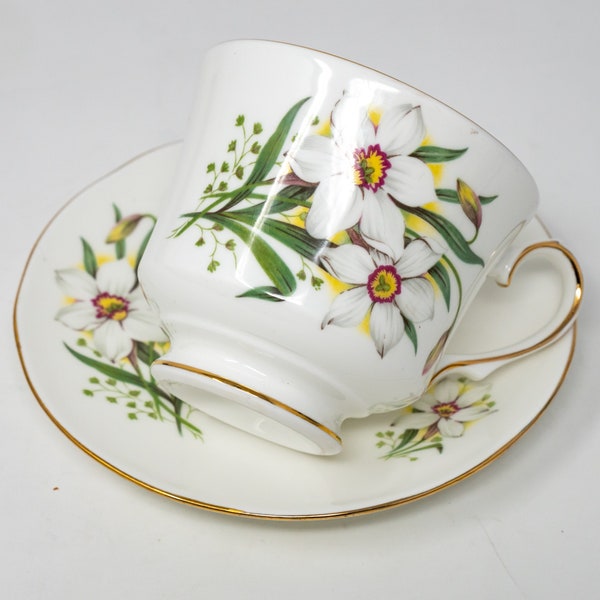 Juego de taza de té y platillo Duchess "March", decoración de narcisos, porcelana vintage