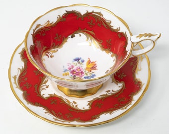 Royal Stafford red waves teacup and saucer, golden filigree decor, bouquet of flowers, pattern 8705, vintage bone china