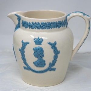 Wedgwood of Etruria&Barlaston embossed Queensware 5.5&quot; pitcher, Coronation 1953, relief decor, vintage dinnerware