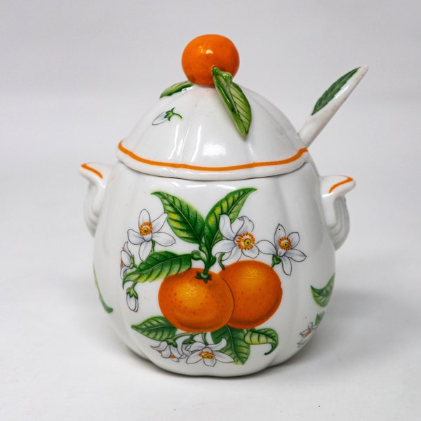 Lenox jam pot with lid and spoon, Orange Marmalade, vintage china serverware made in US/Malaysia