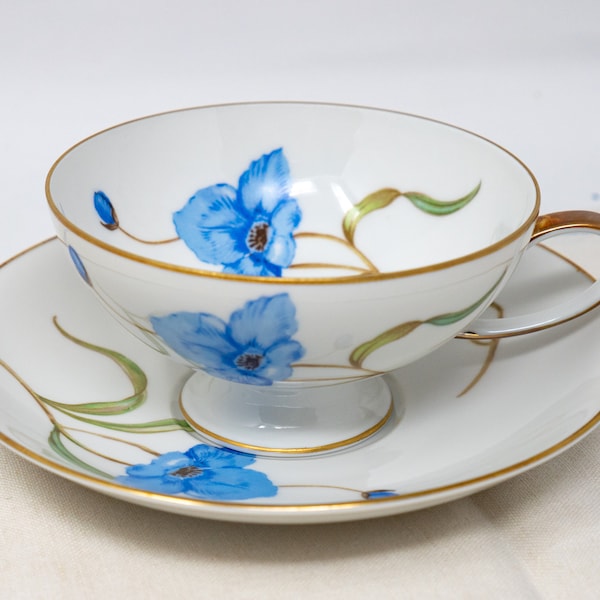 Rosenthal blue flower teacup and saucer set, vintage china made in Germany, c.1953-1956