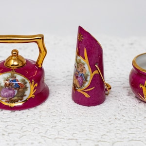 Selection of vintage Limoges porcelain miniatures, France, purple and white collection, Fragonard decor
