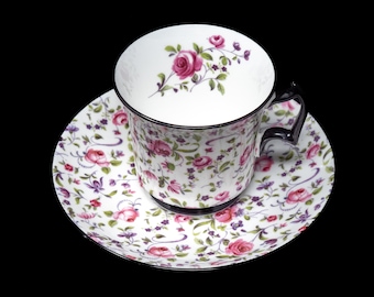 Royal Chelsea rose chintz teacup and saucer set with black trim, vintage bone china, Pattern 4330 A