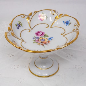 PM Germany hand decorated compote pedestal dish, embossed with gold trim, Made in East Germany, vintage dinnerware, mid-century
