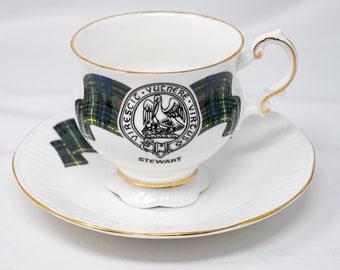 Vintage Elizabethan "Scottish clans: Stewart" teacup and saucer, ribbed barrel on foot, bone china , made in England, RARE, c.1950-1960