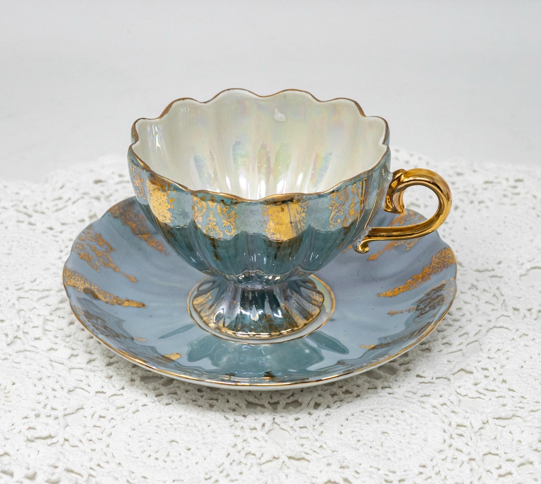 Vintage Shafford Footed Pedestal Lustreware Teacup and Saucer Set
