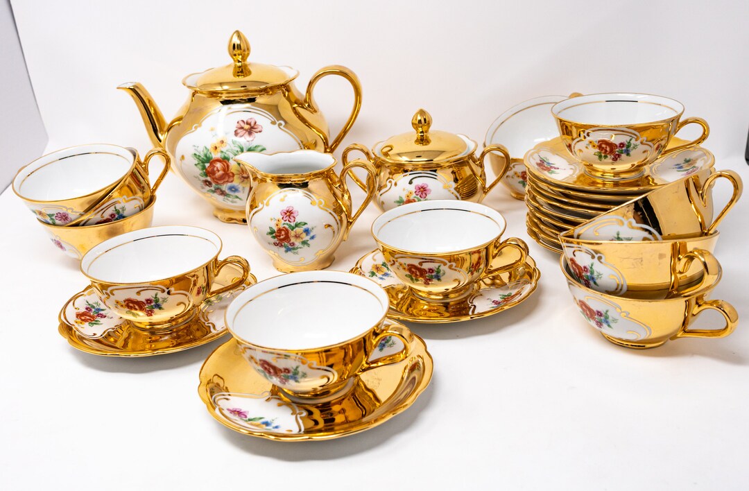 Vintage Golden Bone China Teaset by Nora 1st Qualitat, Seltmann Weiden Bavaria, Germany, Heavy