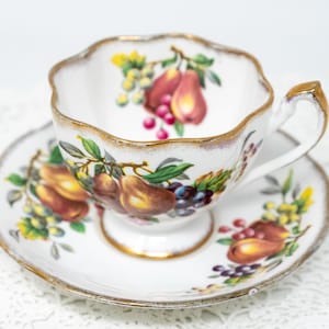 Queen Anne Fruit Series teacup and saucer set: Pears, berries, grapes, vintage  bone china made in England