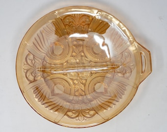 Indiana marigold carnival glass two-sectioned four-legged relish dish with handle, Killarney pattern, vintage glassware