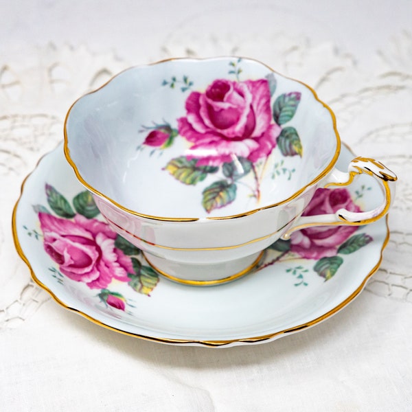 Paragon light blue teacup and saucer set, double rose decor, vintage bone china made in England, c.1957+