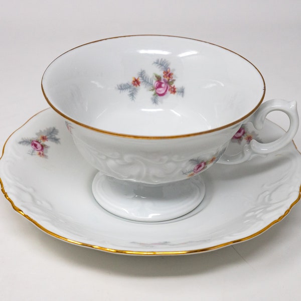 Wawel embossed teacup and saucer set decorated with flowers, vintage porcelain from Poland