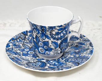 Vintage Royal Chelsea Bone China Teacup and Saucer: Blue Floral Chintz