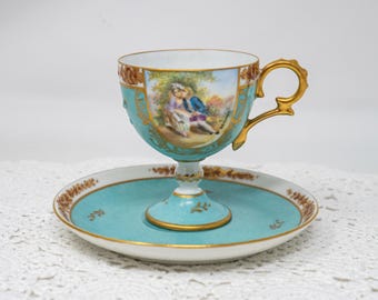 Limoges demitasse set, espresso cup and saucer, antique china made in France, c.1920-1940, RARE