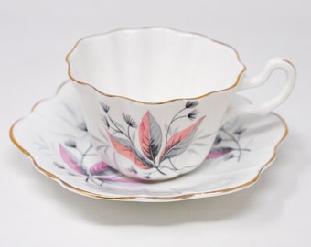 Vintage Royal Stuart Spencer Stevenson teacup and saucer, England, Vintage Bone China, floral silhouette decoration