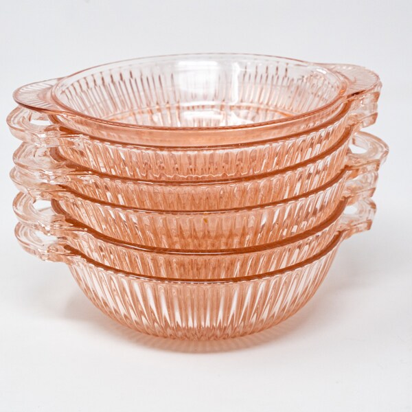 Selection of pink glass: small berry dish with handles, Queen Mary pattern, depression pink glass, vintage glassware