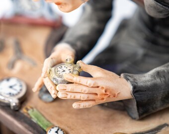 大型カポディモンテ「時計職人」フィギュア（眼鏡なし！）、手描き
