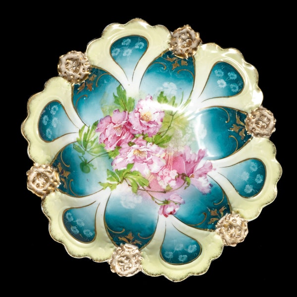 Antique austrian hand-painted bowl, blue and pale green background, flower arrangement, gold guilt, c.1900+