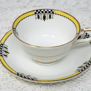 Vintage Allerton Bone China Teacup and Saucer Set: Yellow & Black Checkerboard, Pattern 3836