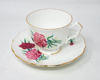 Aynsley carnation teacup and saucer set, flower arrangement, crocus shape, vintage bone china made in England