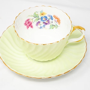 Vintage Aynsley pale mint green teacup and saucer set, bouquet of flowers, bone china