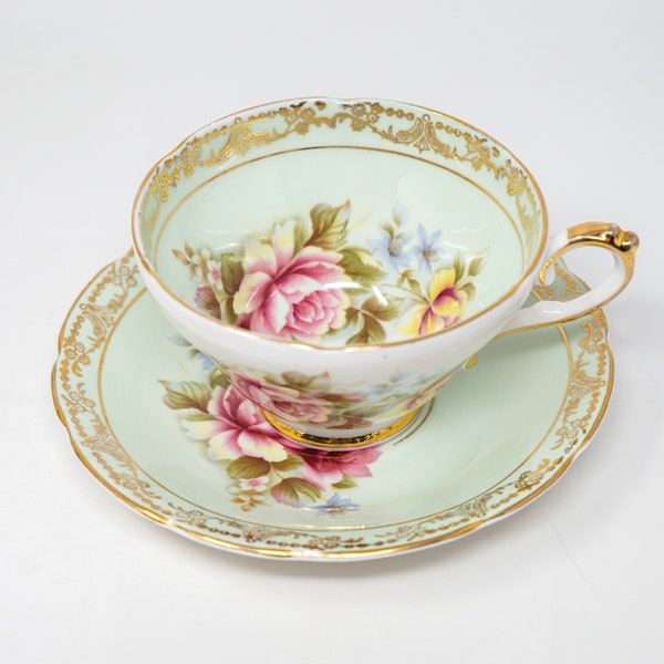 Royal Sutherland gentle green teacup and saucer set, flower arrangement decor, vintage bone china made in England, c. 1941–1975