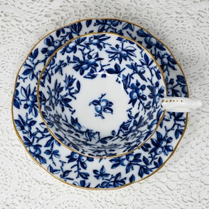 Coalport blue teacup and saucer set, widemouth, vintage bone china, c. 1926-1960s, England