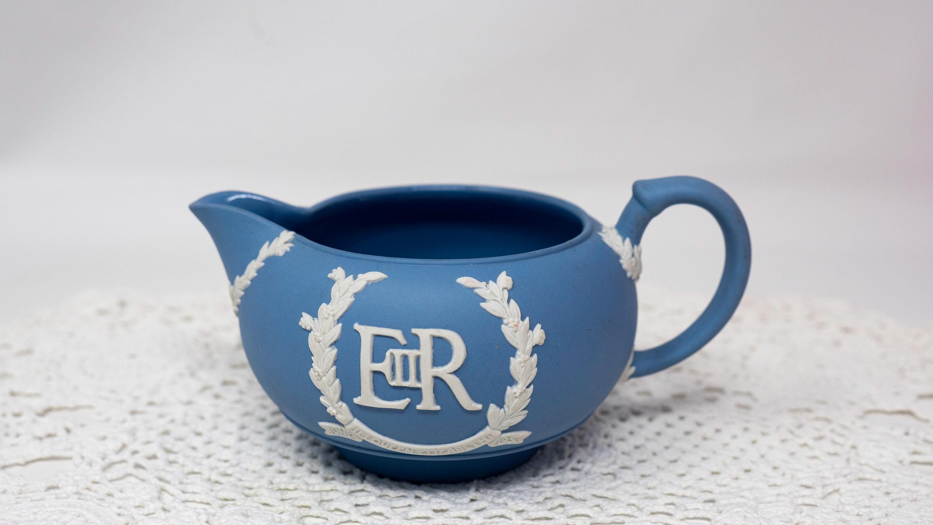 Wedgwood Pale Blue Jasperware Tea Set: Queen Elizabeth Coronation