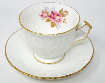 Aynsley teacup and saucer set, white body with flower arrangement, crocus shape, vintage bone china made in England