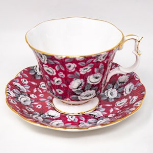 Royal Albert grey roses on raspberry background teacup and saucer set, vintage bone china made in England